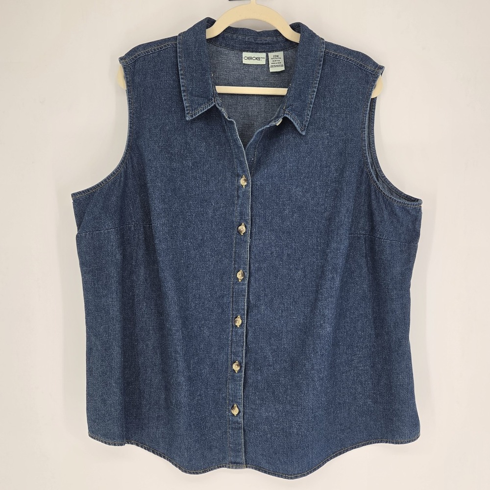 Cherokee 100% Cotton Sleeveless Denim Shirt Size 22W Western Country Cowgirl